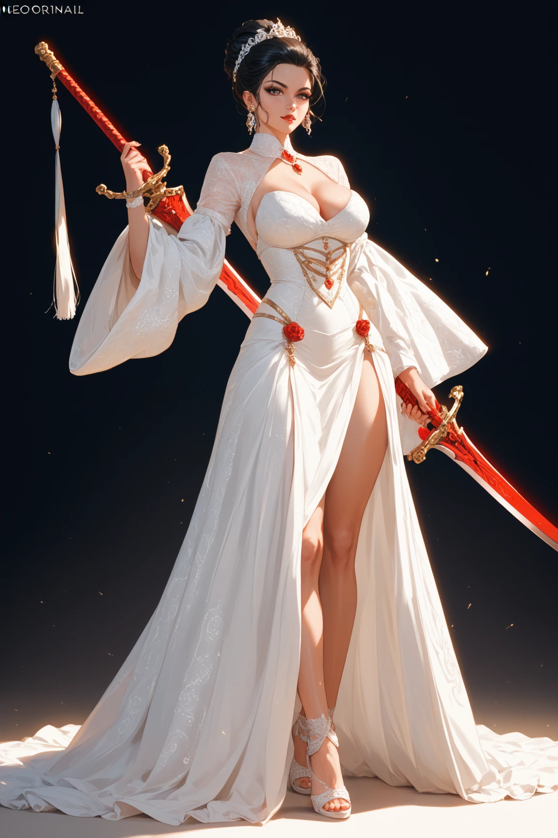 Mysterious, femme fatale, swordswoman with cropped black hair wearing red and white neo-traditional robes encirlced by a large white snake and holding a long sword (best quality) full body abrstract, avant garde background (best lighting) (dramatic lighting)