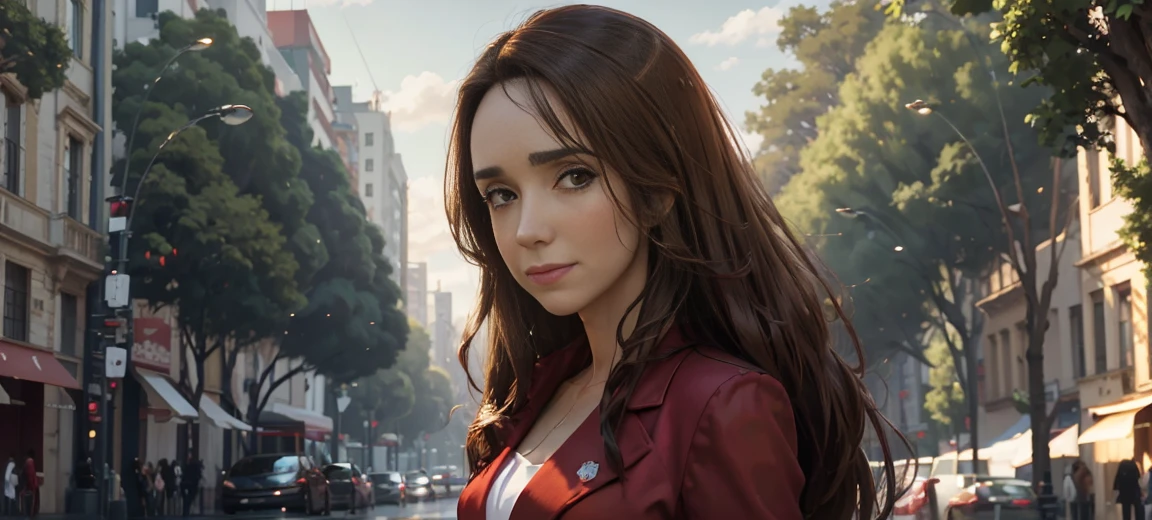 8K,  Best Quality , Victoria Villarruel dressed in a scarlet red suit as a lawyer,  Detailed face, smooth face,  long dark brown hair, slender with wide hips ,  warm smiling expression . outdoors, Square with green trees in the city of Buenos Aires,  clouds in the sky in the background, Rays of sunlight