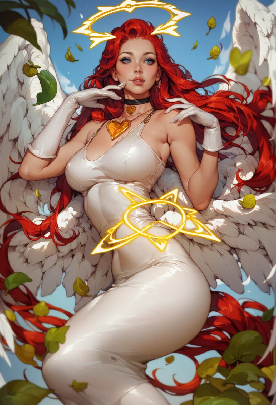 girl, with too long hair ,red hair color, blue eyes ,  white dress with neckline ,  white gloves ,  black choker with blue heart-shaped necklace, Leaf-white skin ,unrealistic white , with angel wings and yellow angel circle above the head