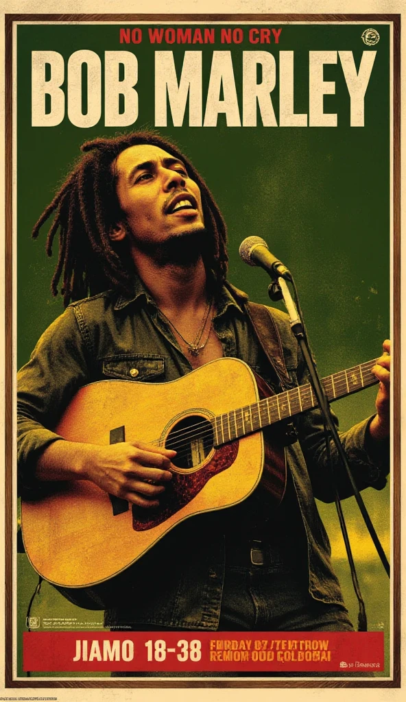 allposter, Create a warm, earthy poster for a Bob Marley tribute or concert event. The central image should show Marley mid-performance, with his iconic dreadlocks and guitar. Use a rich, natural color palette with greens, yellows, and reds, incorporating subtle textures like wood or fabric. His name, 'BOB MARLEY,' should appear at the top in bold, rustic typography, with the tagline, 'No woman no cry' underneath in a smaller, handwritten style. Add the event details at the bottom in a relaxed font, capturing the positive, uplifting essence of reggae