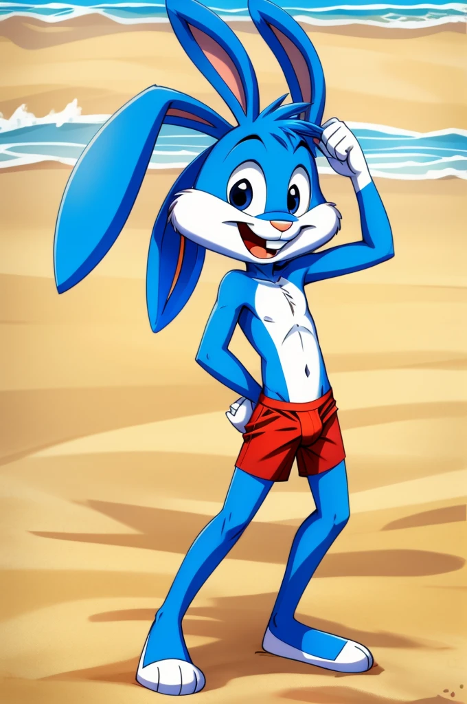 Cartoon rabbit guy blue hair full length slim skinny in red speedo on the beach with a happy face