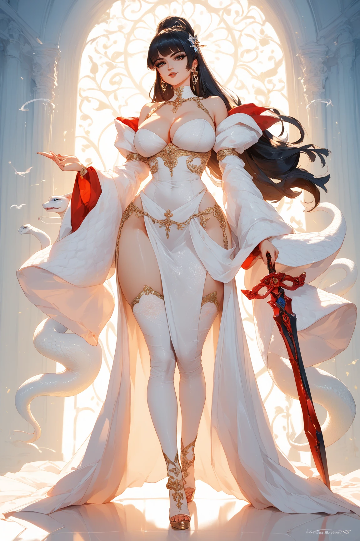 Mysterious, femme fatale, swordswoman with cropped black hair wearing red and white neo-traditional robes encirlced by a large white snake and holding a long sword (best quality) full body abrstract, avant garde background (best lighting) (dramatic lighting)