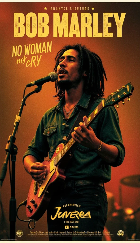 allposter, Create a warm, earthy poster for a Bob Marley tribute or concert event. The central image should show Marley mid-performance, with his iconic dreadlocks and guitar. Use a rich, natural color palette with greens, yellows, and reds, incorporating subtle textures like wood or fabric. His name, 'BOB MARLEY,' should appear at the top in bold, rustic typography, with the tagline, 'No woman no cry' underneath in a smaller, handwritten style. Add the event details at the bottom in a relaxed font, capturing the positive, uplifting essence of reggae