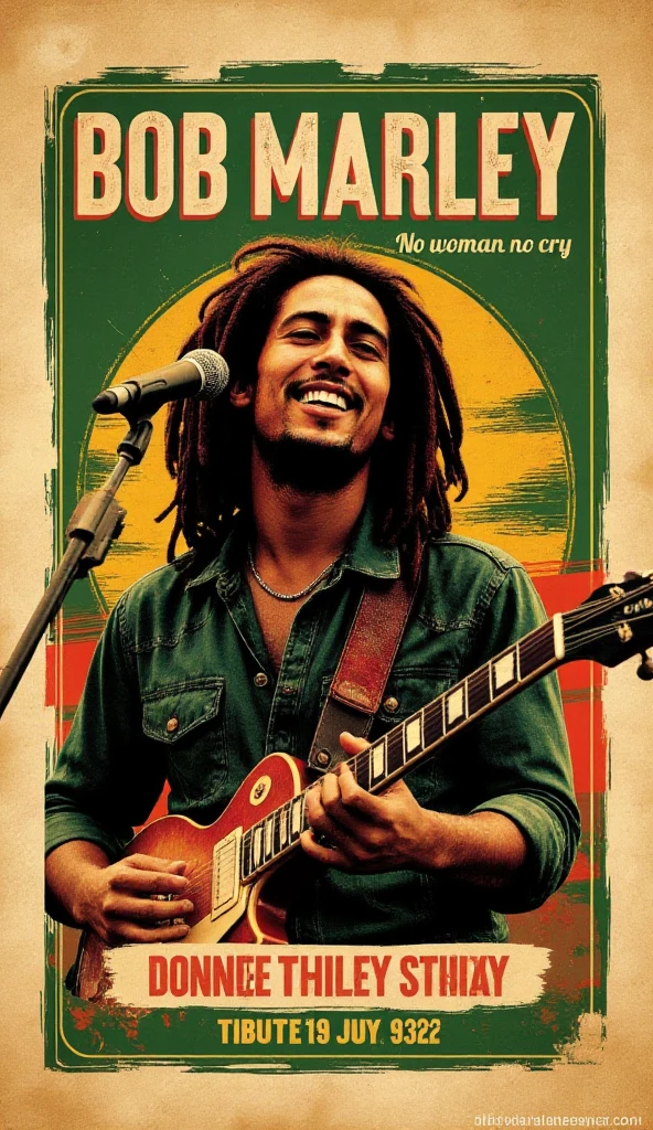 allposter, Create a warm, earthy poster for a Bob Marley tribute or concert event. The central image should show Marley mid-performance, with his iconic dreadlocks and guitar. Use a rich, natural color palette with greens, yellows, and reds, incorporating subtle textures like wood or fabric. His name, 'BOB MARLEY,' should appear at the top in bold, rustic typography, with the tagline, 'No woman no cry' underneath in a smaller, handwritten style. Add the event details at the bottom in a relaxed font, capturing the positive, uplifting essence of reggae