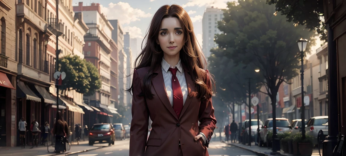 8K,  Best Quality , Victoria Villarruel dressed in a scarlet red suit as a lawyer,  Detailed face, smooth face,  long dark brown hair, slender with wide hips ,  warm smiling expression . outdoors, Square with trees in the city of Buenos Aires,  clouds in the sky in the background, Rays of sunlight