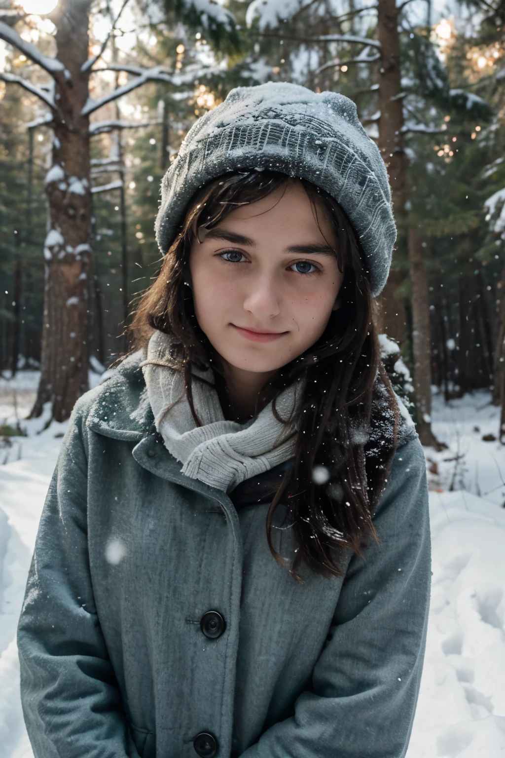 Arafed girl in a winter coat and hat standing in the snow - SeaArt AI