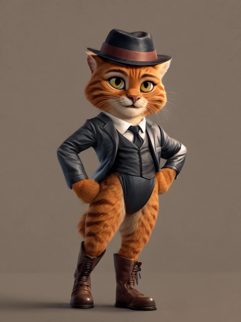 Puss in Boots, DreamWorks Animated, Half-Suit Half-Leotard, ((Wearing a fedora hat)), 3:1 Hip to leg ratio