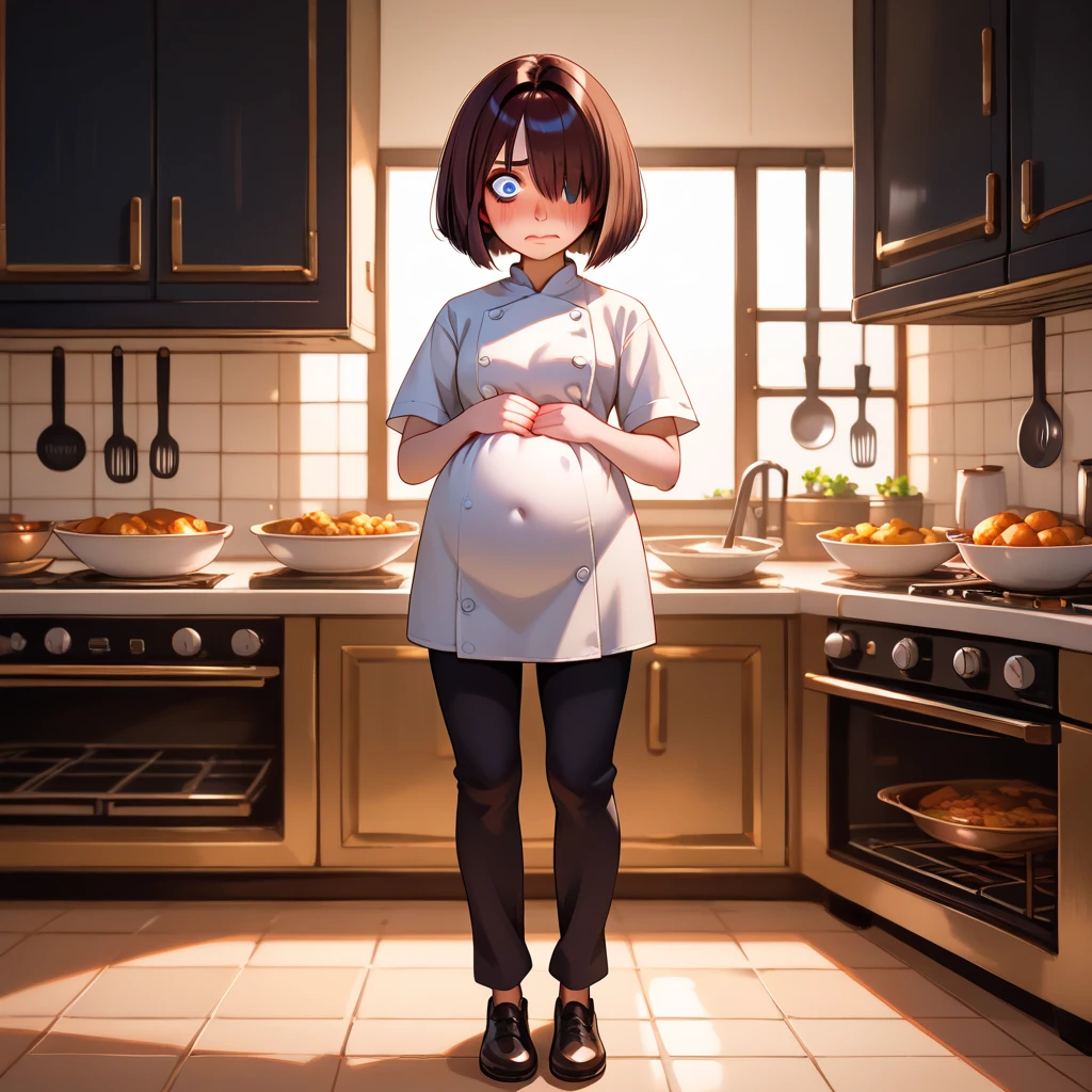 By wlop, one goth girl, (colettetatou
bob cut, blue eyes, brown hair, chef), g4n1m3, tight belt, ((,wide eyes, hair covering one eye, concerned and nervous, puffed cheeks)), ((overstuffed belly)) (in a kitchen) ((very breasts))  ((volumetric and specular lighting)), ((overstuffed)), , (hand on the front of her belly) ,, full body picture ((stretched clothes)), (belly peakout from under shirt), ((belly noises, belly sound effects))