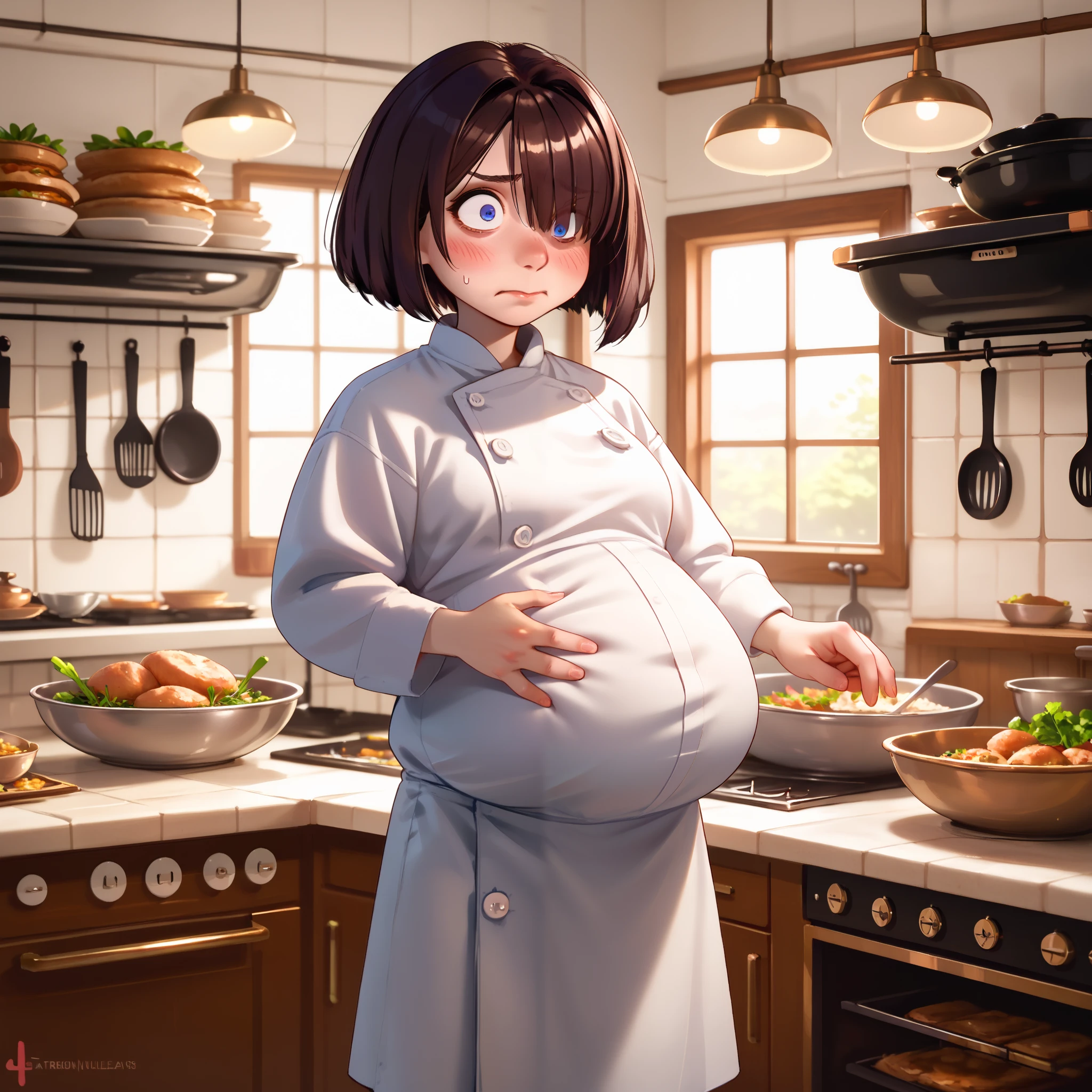 By wlop, one goth girl, (colettetatou
bob cut, blue eyes, brown hair, chef), g4n1m3, ((,wide eyes, hair covering one eye, concerned and nervous,puffed cheeks)), ((overstuffed saggy belly)) (in a kitchen) ((very breasts))  ((volumetric and specular lighting)), ((overstuffed)), , (hand on the front of her belly) ,, full body picture ((stretched clothes)), ((belly peakout from under shirt)),