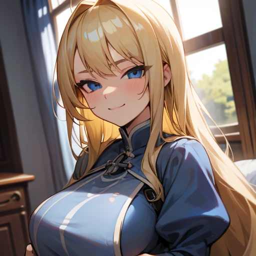 blonde hair, long hair, blue eyes, huge Brest,blue dress,boob window,smile, lusty look,smug,cuming 