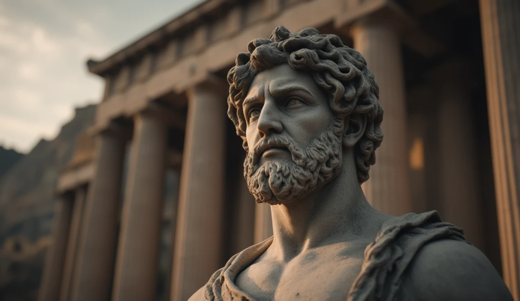 Closeup of a stoic Greek sculpture, virile physiques showcased prominently from the forefront, undeniably reminiscent of a statue of Marcus Aurelius or Zeus, muscle sinews intricately carved in stone, dominant Greek columns obscured gently in the background, cinematic ambiance, 8K resolution, steeped in obsidian hues.