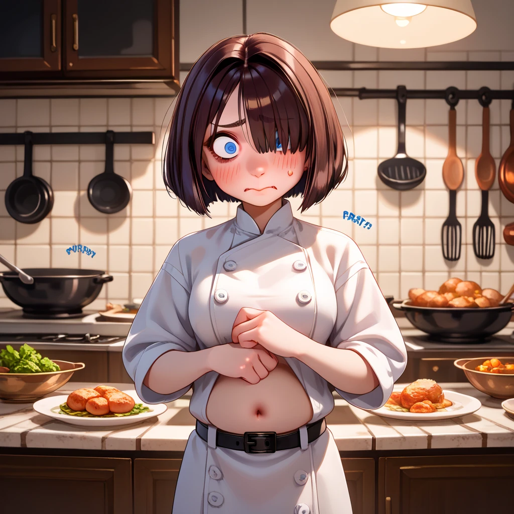 By wlop, one goth girl, (colettetatou
bob cut, blue eyes, brown hair, chef), g4n1m3, tight belt, ((,wide eyes, hair covering one eye, concerned and nervous, puffed cheeks)), ((overstuffed saggy belly)) (in a kitchen) ((very breasts))  ((volumetric and specular lighting)), ((overstuffed)), , (hand on the front of her belly) ,, full body picture ((stretched clothes)), (belly peakout from under shirt), ((belly noises, belly sound effects))