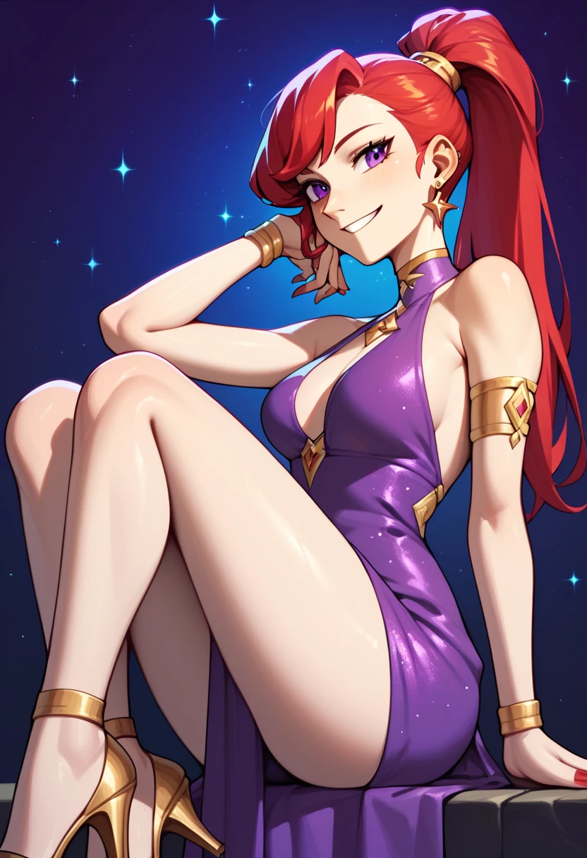 Mars, red nails, smiling, red hair, ponytail hairstyle, purple eyes, gold earings, purple night dress, showing leg, gold brasalet 