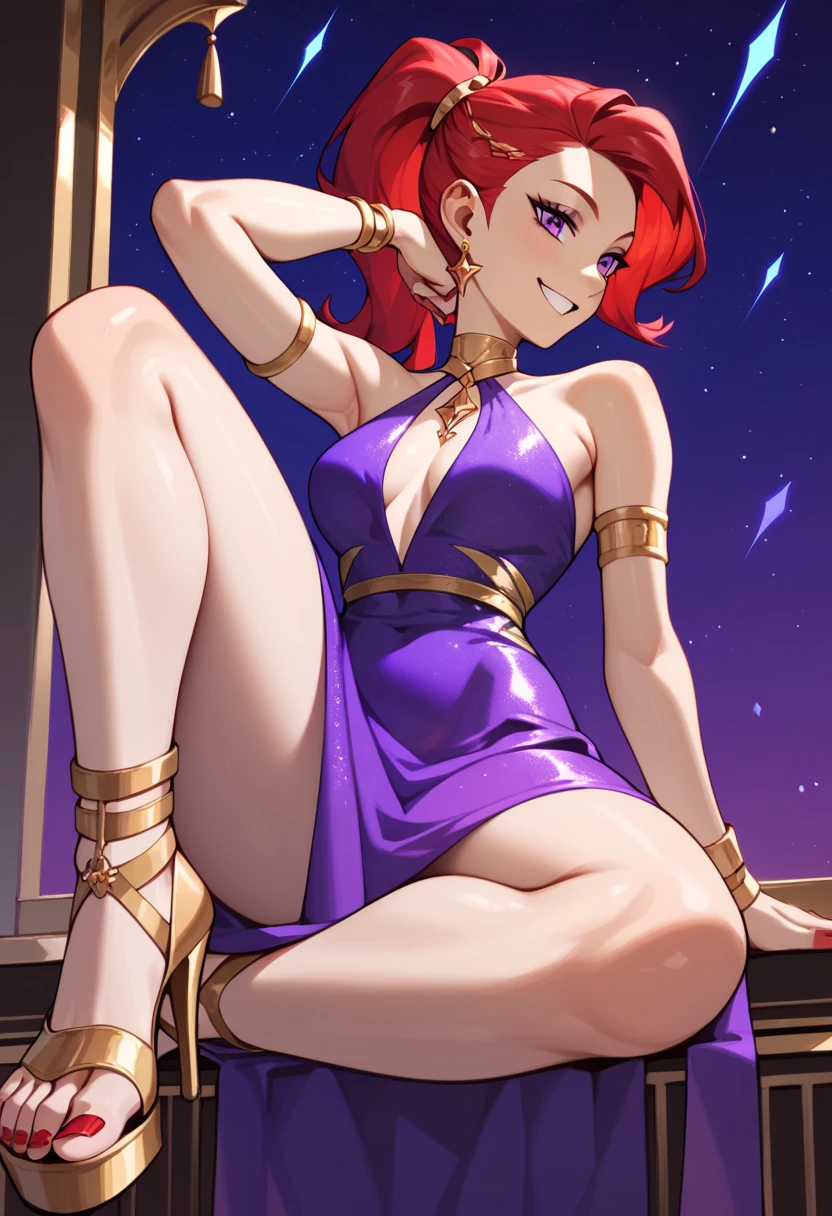 Mars, red nails, smiling, red hair, ponytail hairstyle, purple eyes, gold earings, purple night dress, showing leg, gold brasalet 