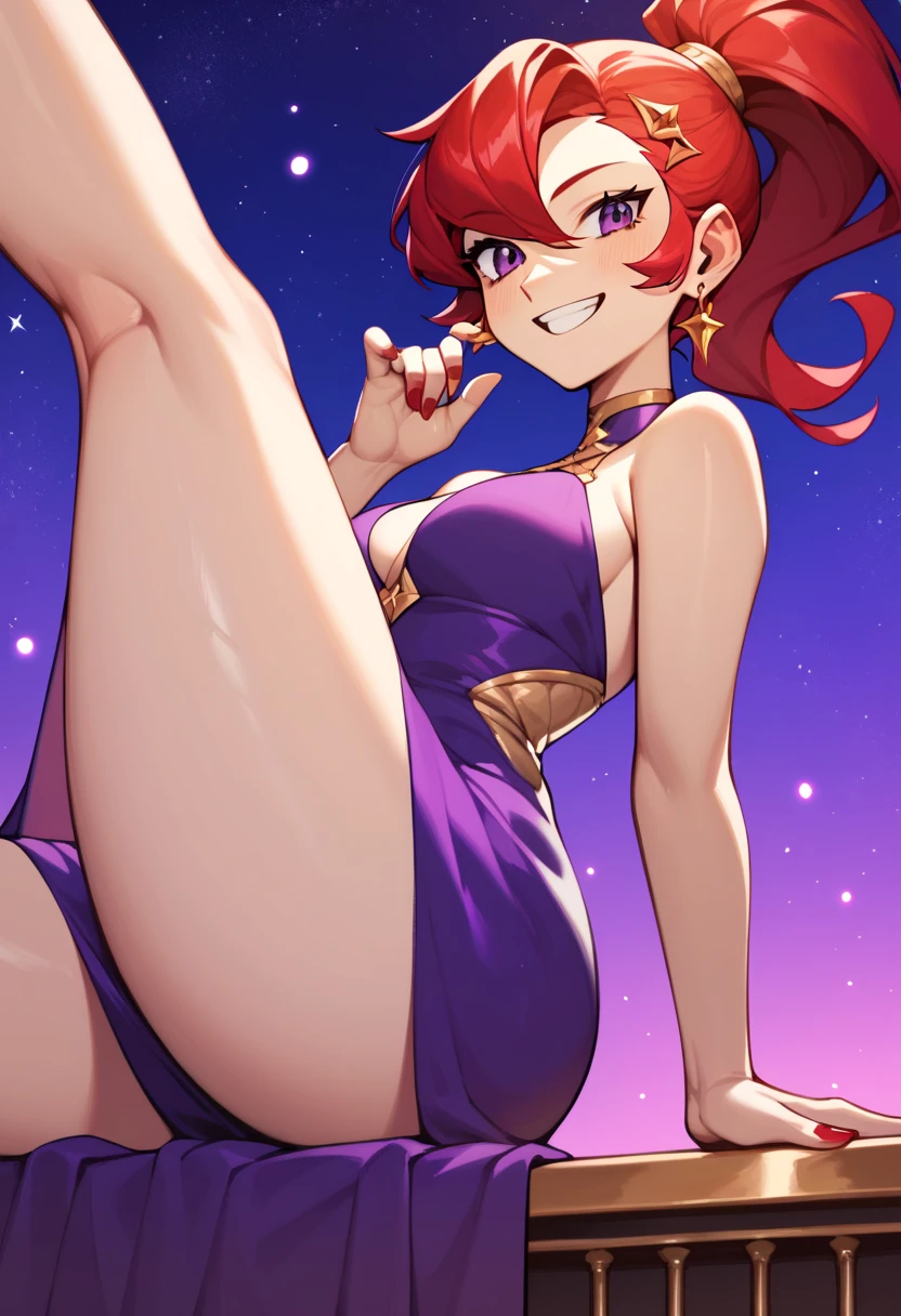 Mars, red nails, smiling, red hair, ponytail hairstyle, purple eyes, gold earings, purple night dress, showing leg, gold brasalet 