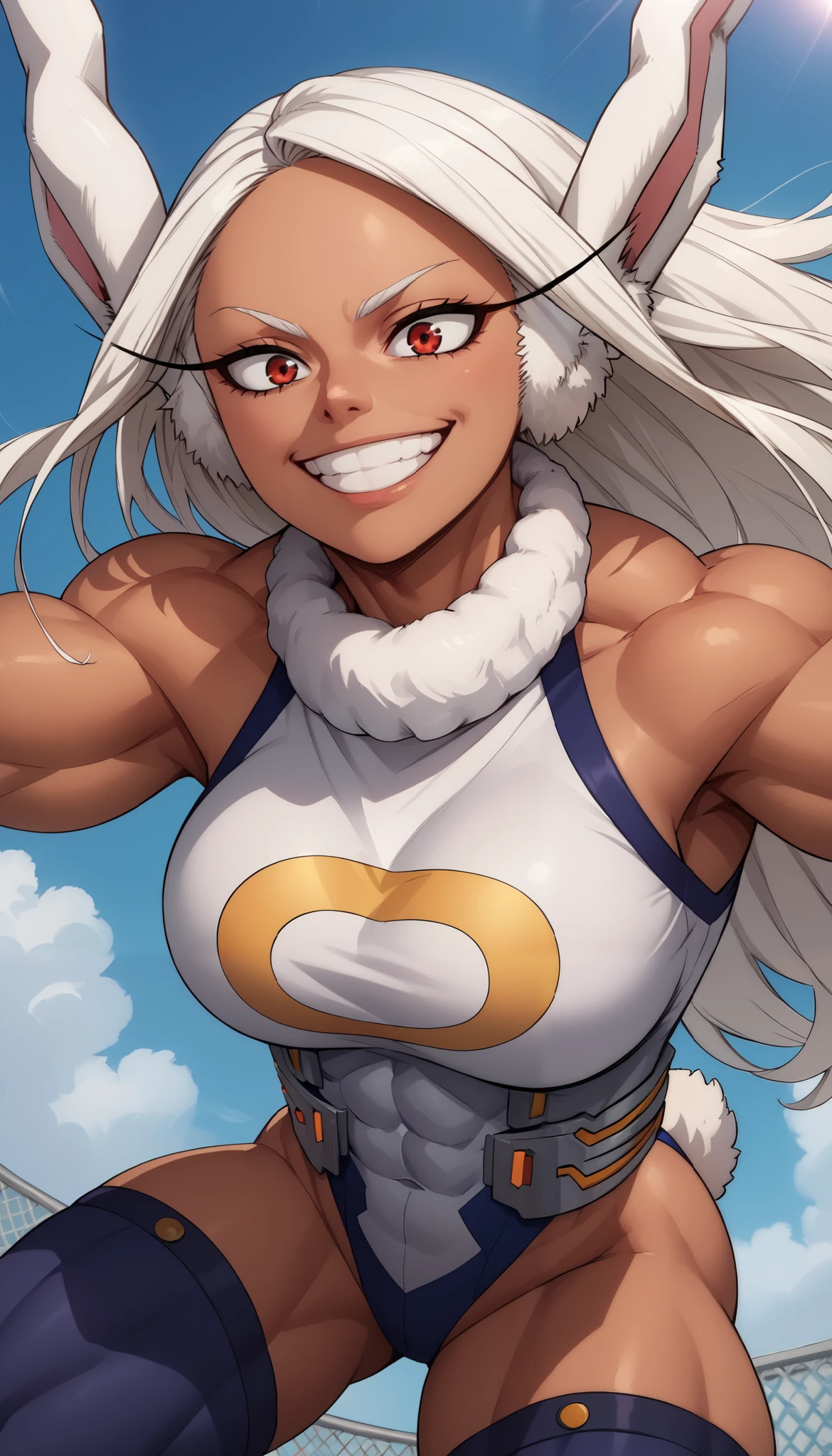 score_9, score_8_above, score_7_above, source_anime, from below, Alone, 1 , Rumi Usagiyama, long hair, animal ears, white hair, dark skin, rabbit ears , dark-skinned female, Muscular, girl rabbit, muscular female, Red eyes, fringe parted,thighhighs, shezfe , sleeveless, White Shezfe , leotard, High Neck T-Shirt , perna alta, perna alta leotard, fur collar, sleeveless High Neck T-Shirt , High Neck T-Shirt leotard, sleeveless High Neck T-Shirt leotard, crescent print,smile, Dynamic pose