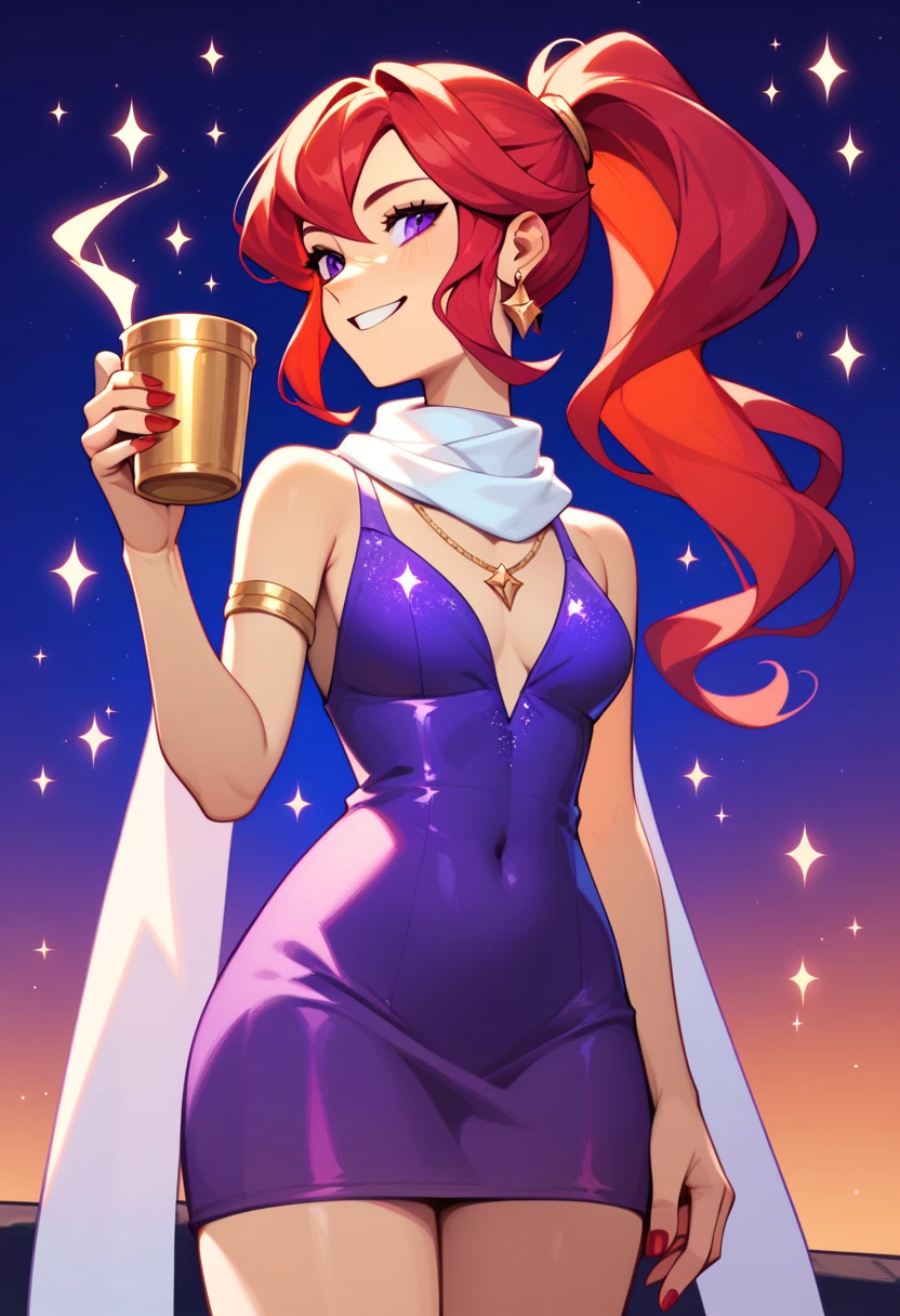 Mars, red nails, smiling, red hair, ponytail hairstyle, purple eyes, gold earings, purple night dress, showing leg, gold brasalet, white scarf,  cup in hand