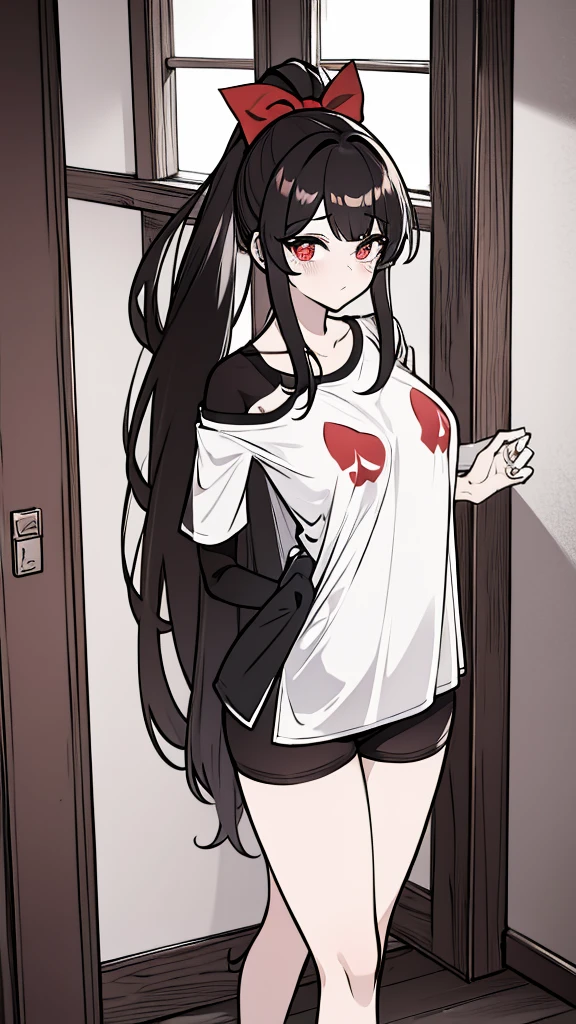 using pantimedies, Waist length wavy black hair, piercing look with deep red eyes, average stature, long black hair down to the waist, Silky hair with a ponytail hairstyle collected with a red bow with two white lines, has a vagina, has breasts, cup of breasts, small breasts, slim, foreground, Session, standing in his room, standing in his room, wearing pantyhose, using pantimedies, Picardias, neckline, looking at the viewer, lascivious smile, ((oversized t-shirt)), off the shoulders, without pants, washing machines, thighs, ((White T-shirt)), standing, hands on the hips,, shoes, blush, from below, thighs gorditos, thighs grandes, big ass, hands behind, lost look black eyes 