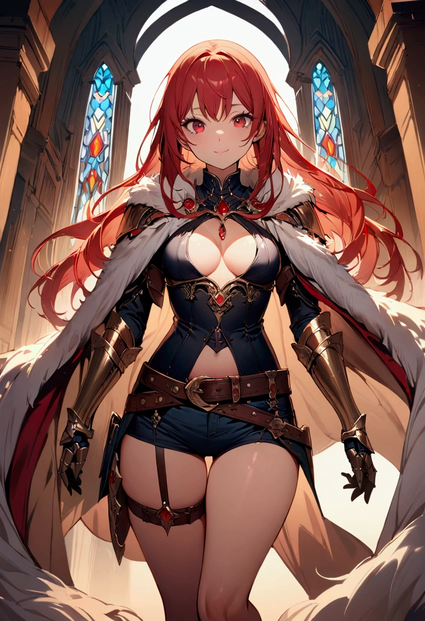 (masterpiece),(best quality),(ultra-detailed),(best illustration),(best shadow),(detailed background), 1girl, red-hair, gloves, breasts, belt, cape, red-eyes, fur-trim, thigh-strap, shorts, armor, long-hair, small-breasts, standing, solo, gem, fur-cape, fantasy, cleavage, legs-apart, short-shorts, vambraces, jewelry, gauntlets, cleavage-cutout ,closed-mouth, smile, arch, thighs, cloak, buckle, stained-glass, clothing-cutout, bracer, warrior, medium-breasts, carrying-over-shoulder, light-smile
