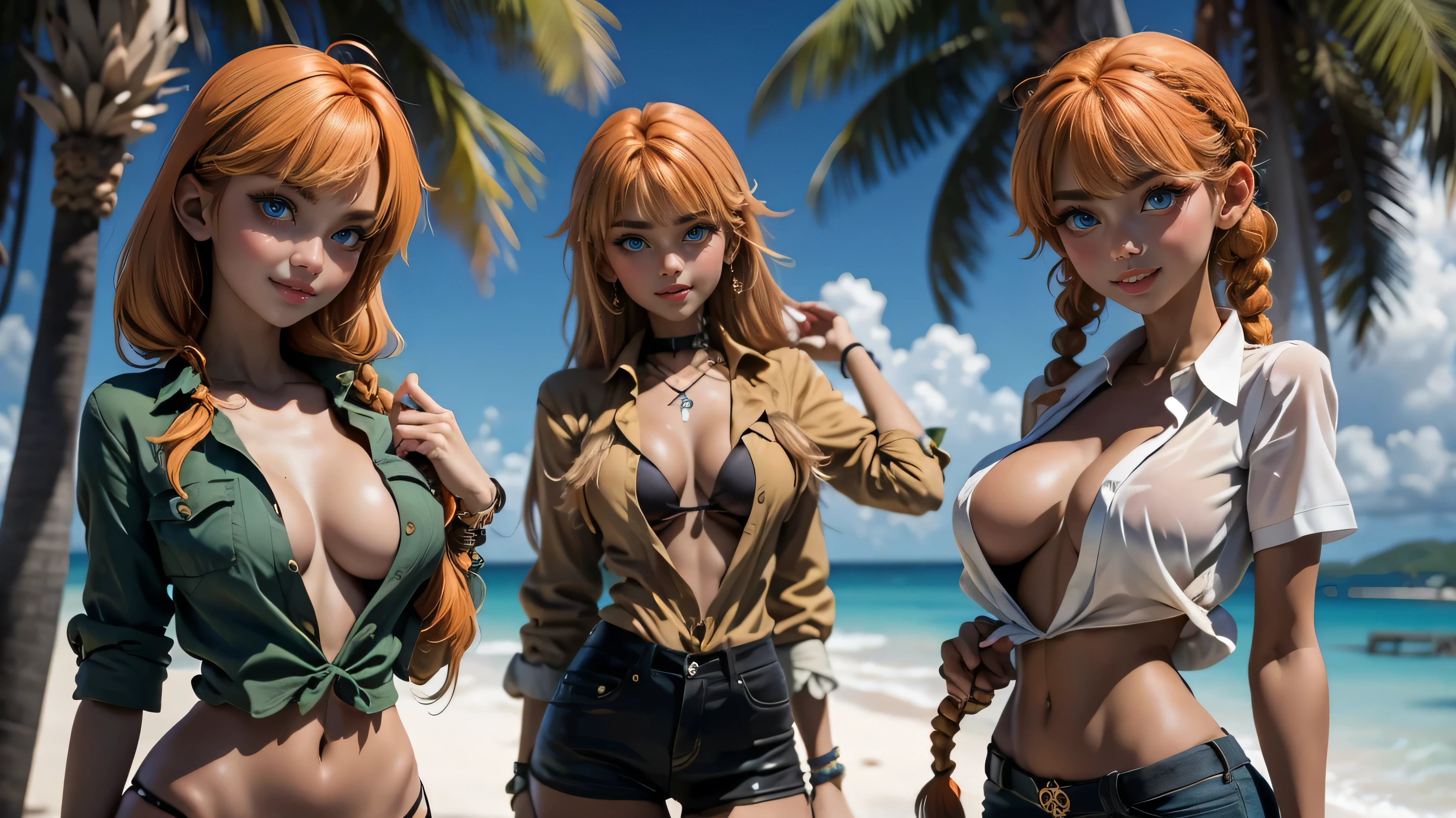 (Masterpiece), (Hi Res), (Artwork), cute, ((pirate girl), ((green eyes)), (orange hair, messy hair, braids, bangs), beads, jewelry, skinny, smile, big eyes, (dark tan), small hips, perky breasts, breast squeeze, jewelry, ((open shirt, pointy nipples, exposed breast)), standing, posing, background tropical island, Caribbean island, pirate dock, pirate ship,