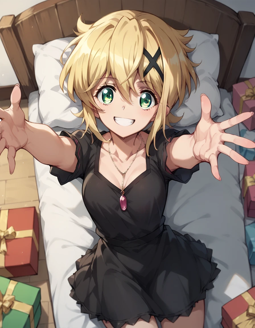 kirika akatsuki,black dress,open clothes,present,present pink pendant,in the bed,mischievous smile,reaching out arms,lie on one’s back,