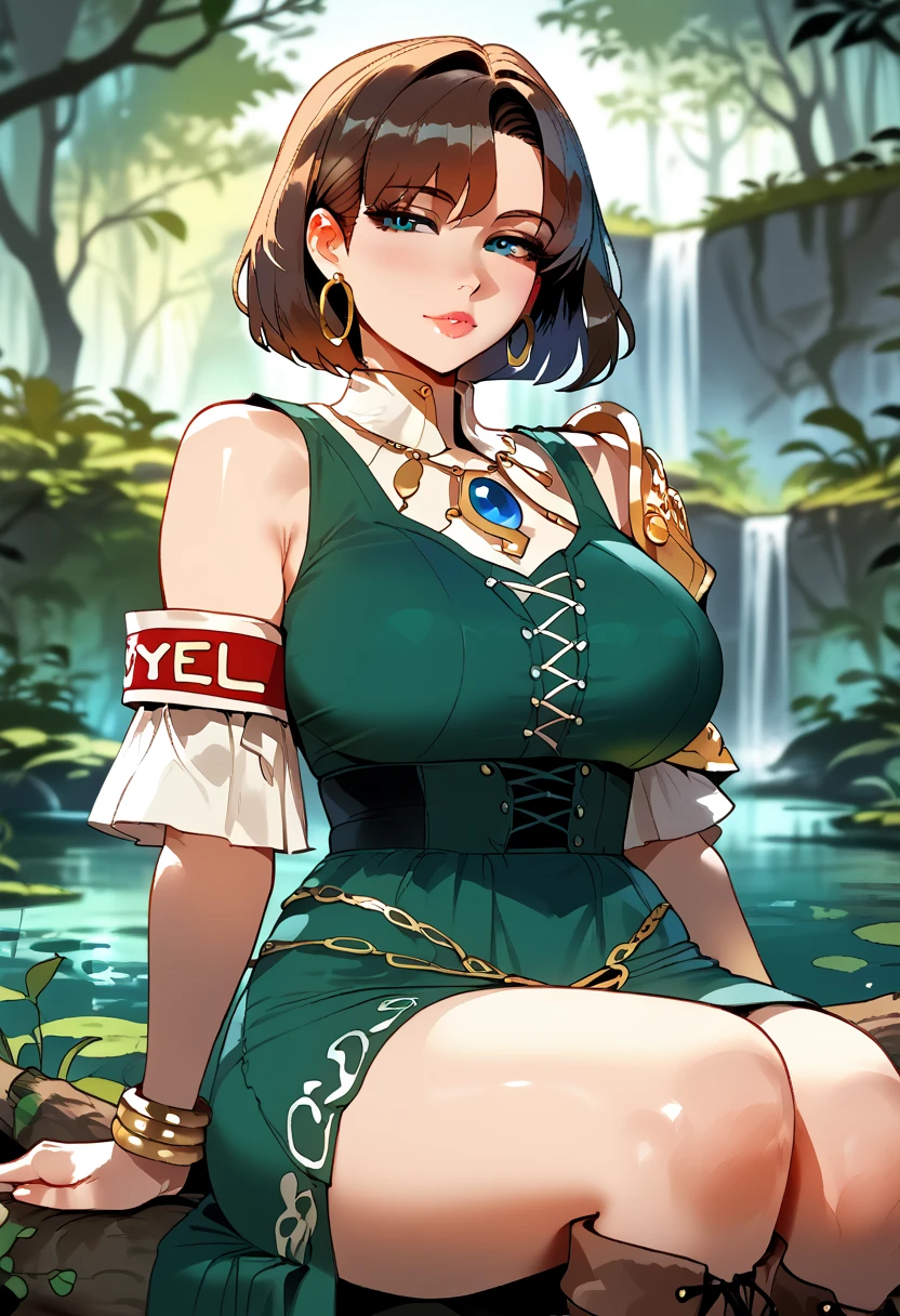 score_9, score_8_up, score_7_up, source_anime, 1woman, mature, human female, human, detailed face, jawline, smooth skin, beige skin, beautiful eyes, blue eyes, brunette, big breasts, bob cut hair, frilly black green dress, knee length skirt, knee high boots, detached feather armbands, bangles, large hoop earrings, sitting in a tree, swamp