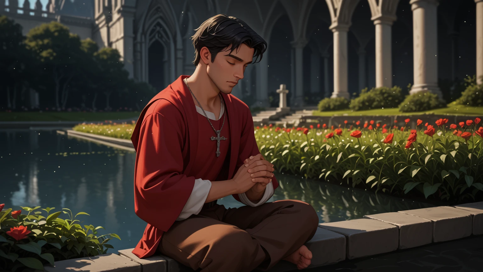 man praying,  strong man, red tunic, white sleeves, brown pants, armor breastplate,  well lit ,  depth of field,  full body,  silver crucifix necklace, silver rings ,  short hair,  black hair,  wet hair, barba, highly detailed,  high contrast ,  best quality ,  masterpiece ,  high definition ,  closed eyes , garden,  perfect face ,  perfect hands , perfect feet,  perfect eyes, perfect nose, Chrysanthemums,  bare feet , church, Lake, worship

