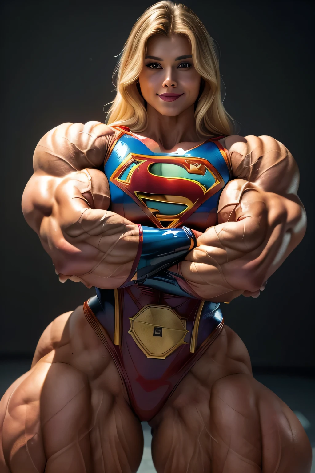 best quality,4k,8k, high res, masterpiece:1.2),ultra-detailed, realistic, photorealistic:1.37, dynamic, action-filled background, bombshell young version of Cameron Diaz cosplaying as Supergirl, Flowing red cape, Hyper fit, incredible shape, fun, charismatic, detailed eyes, detailed lips, beautiful engaging smile, sexy and confident, ((huge muscles))