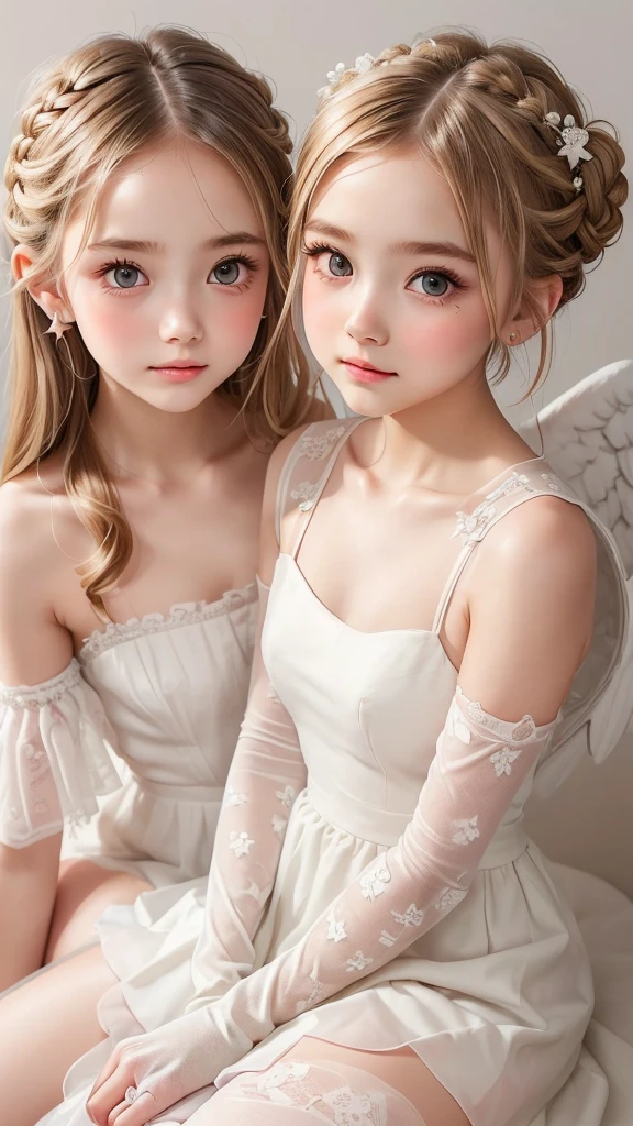 (Two very cute girls:1.3), ((Best Quality)), ((masterpiece)), (detailed), (French braid), (blonde hair), Romantic low bun, Elbow gloves, Small breasts, vintage slip, knee high socks with frill, (Blushed), (cheek:1.3), shame, Confused, earrings, Silky white skin, Thin eyebrows, (small halo above the head:1.22), (angel's wing), dark background, stars, moon