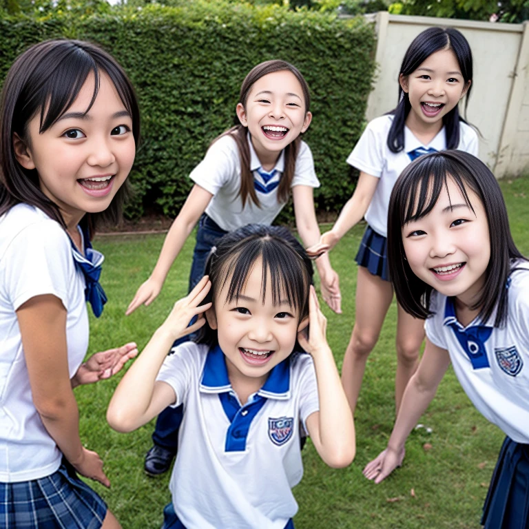 ******、 cute girl、A happy smile、 beautiful background,  Four Girls、school gate、   open your mouth and laugh 、  All on the back、uniform、 excited 、Bold angle,