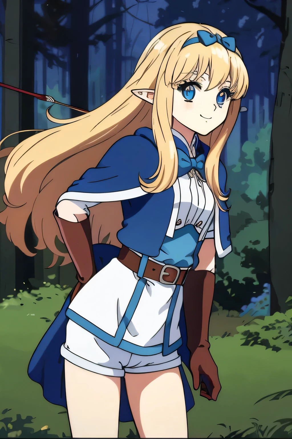 Ai shindou, masterpiece, Best Quality, Elf ,long hair, floating hair, blonde hair, blue sea eye, deeper eyes, elf ears, hoods, blue cloak, blue lightly tunic, gloves, Belt bag, blue shorts, Cowboy Shot, cute smile, forest, Looking at Viewer,Hold the bow and arrow