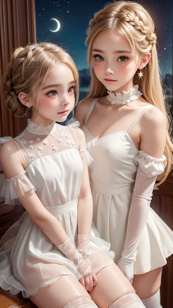 (Two very cute girls:1.3), ((Best Quality)), ((masterpiece)), (detailed), (French braid), (blonde hair), Romantic low bun, Elbow gloves, Small breasts, vintage slip, knee high socks with frill, (Blushed), (cheek:1.3), shame, Confused, earrings, Silky white skin, Thin eyebrows, (small halo above the head:1.2), (angel's wing), dark background, stars, moon