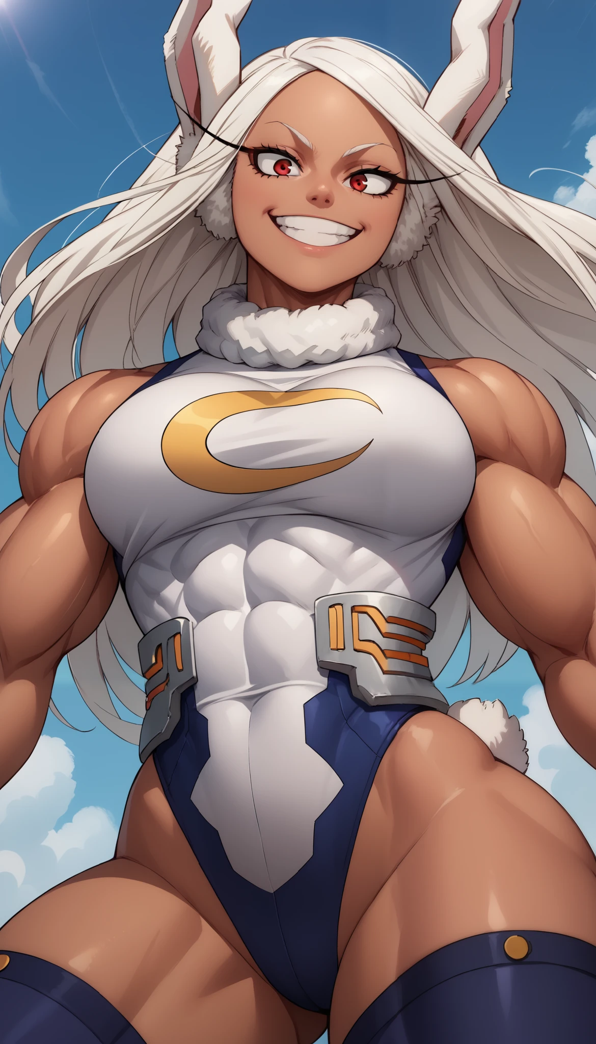 score_9, score_8_above, score_7_above, source_anime, from below, Alone, 1 , Rumi Usagiyama, long hair, animal ears, white hair, dark skin, rabbit ears , dark-skinned female, Muscular, girl rabbit, muscular female, Red eyes, fringe parted,thighhighs, shezfe , sleeveless, White Shezfe , leotard, High Neck T-Shirt , perna alta, perna alta leotard, fur collar, sleeveless High Neck T-Shirt , High Neck T-Shirt leotard, sleeveless High Neck T-Shirt leotard, crescent print,smile, Dynamic pose