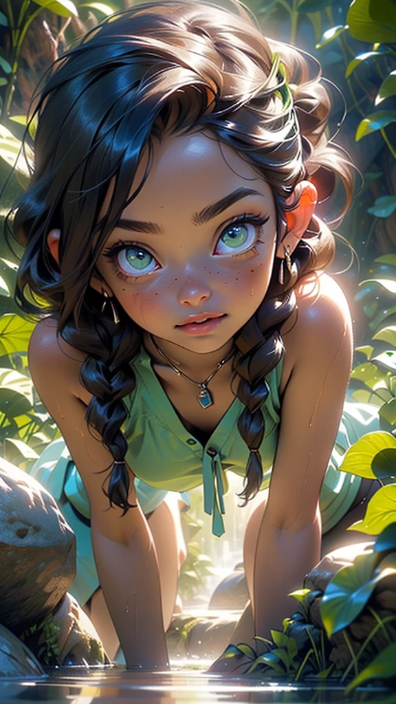 few tribal,(((few ,small tiny body,,chibi,small))),(((20 age old))),(((1 smallkind:1.4))),(Baby face),(round face),(few chest),(big forhead:1.2),(beautiful big eyes:1.3),extremely detail adorable anime face,
(((flat chested))),((((long twin braids,tight braids,long braid,braided hair,long hime cut,DARK hair,black hair,colored inner hair)))),(((Purple_eyes:1.3))),complicated eyes,beautiful detailed eyes,symmetrical eyes,(big eyes:1.5),((((shiny skin:1.5,tanned skin,light skin: 1.5,Skin tanned,shiny skin,very shiny skin,shiny body,Reflective Skin)))),(((detailed face))),beautiful detailed lips,
(adorable,Kawaii,(Not suitable for work)),🦄,🌈,
no top,Good Good,Loincloth without panties,tatters,tribal,barefoot,bare arms,exposed belly button,项链,((yellow loincloth,wet loincloth,complicated loincloth)),
dynamic pose,Viewers look at,ashamed,centered,Adjust to dimensions,Rule of thirds,
((((many Firefly,Firefly,glowing Firefly,Firefly in the background)))),
outside,Overgrown,(Overgrown background,glowing crystals,bioluminescent plant),landscape,extremely landscape,(((glowing crystals,bioluminescent plants))),(Puddles everywhere,Moos,Moos on the background),clouds,Water lilies,palm trees,already,(sun set, goldene Stunde),
(Shiny Egyptian ornaments),highres,keen focus,(extremely detail,extremely detail),(photorealistic artwork:1.37),(extremely detail CG unity 8k wallpaper),(((bright colours,lively topic))),(complicated),(masterpiece),(best quality),