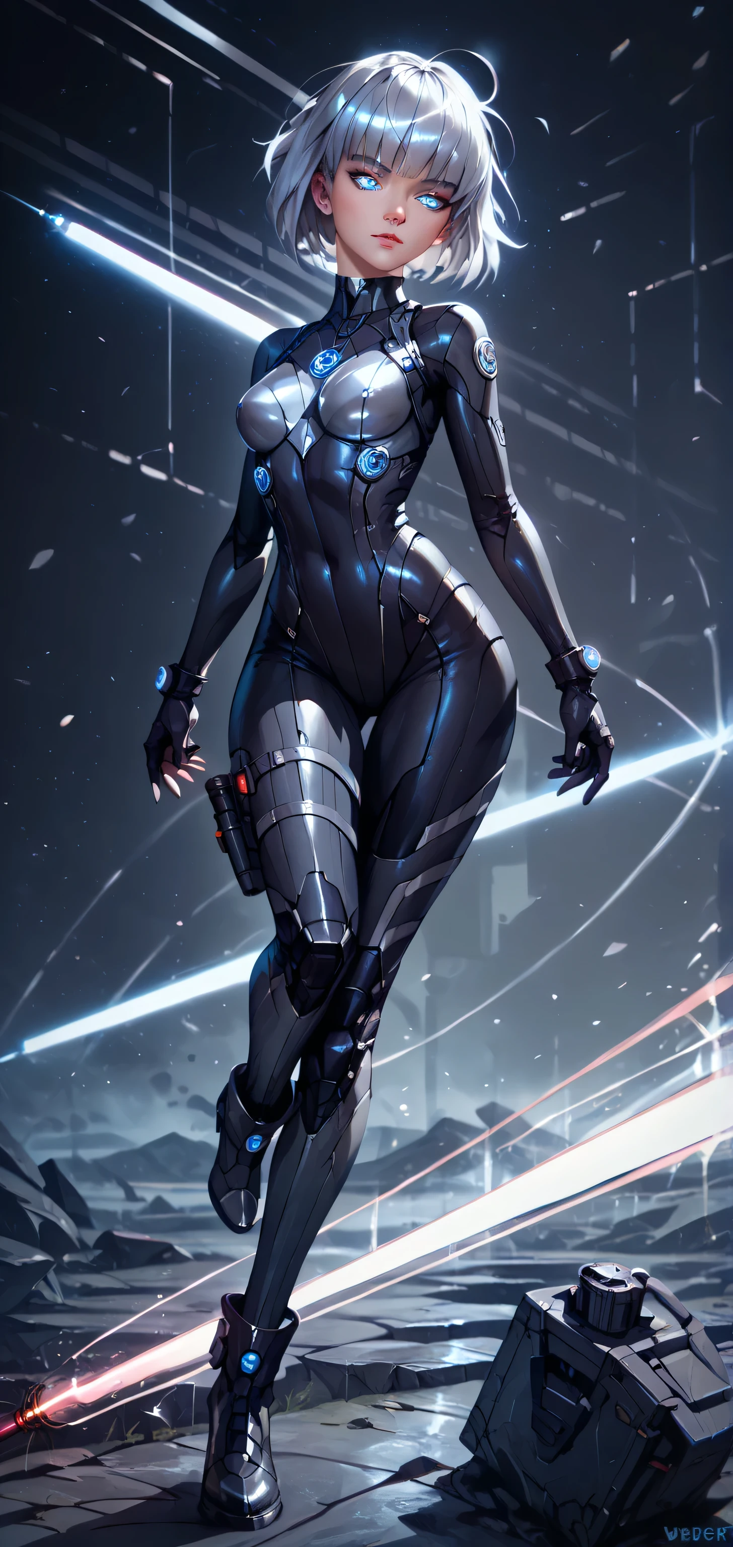 Ultra high resolution,colors, perfect image, top quality, detailed image, beautiful boy, glowing skin, skin and clothing texture, delicate eyes, cyber game world, battle bodysuit, boots, holding laser gun, (((silver bob hair))), blue eyes