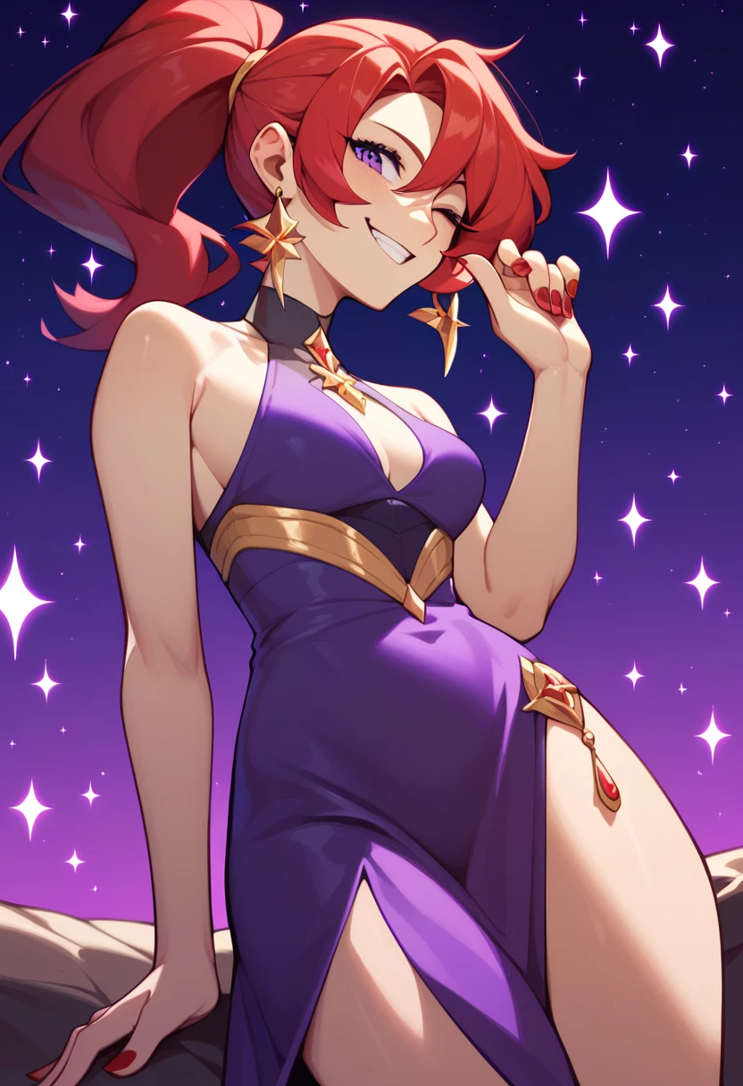 Mars, red nails, smiling, red hair, ponytail hairstyle, purple eyes, gold earings, purple night dress, showing leg, gold brasalet, showing boobs, winking one eye