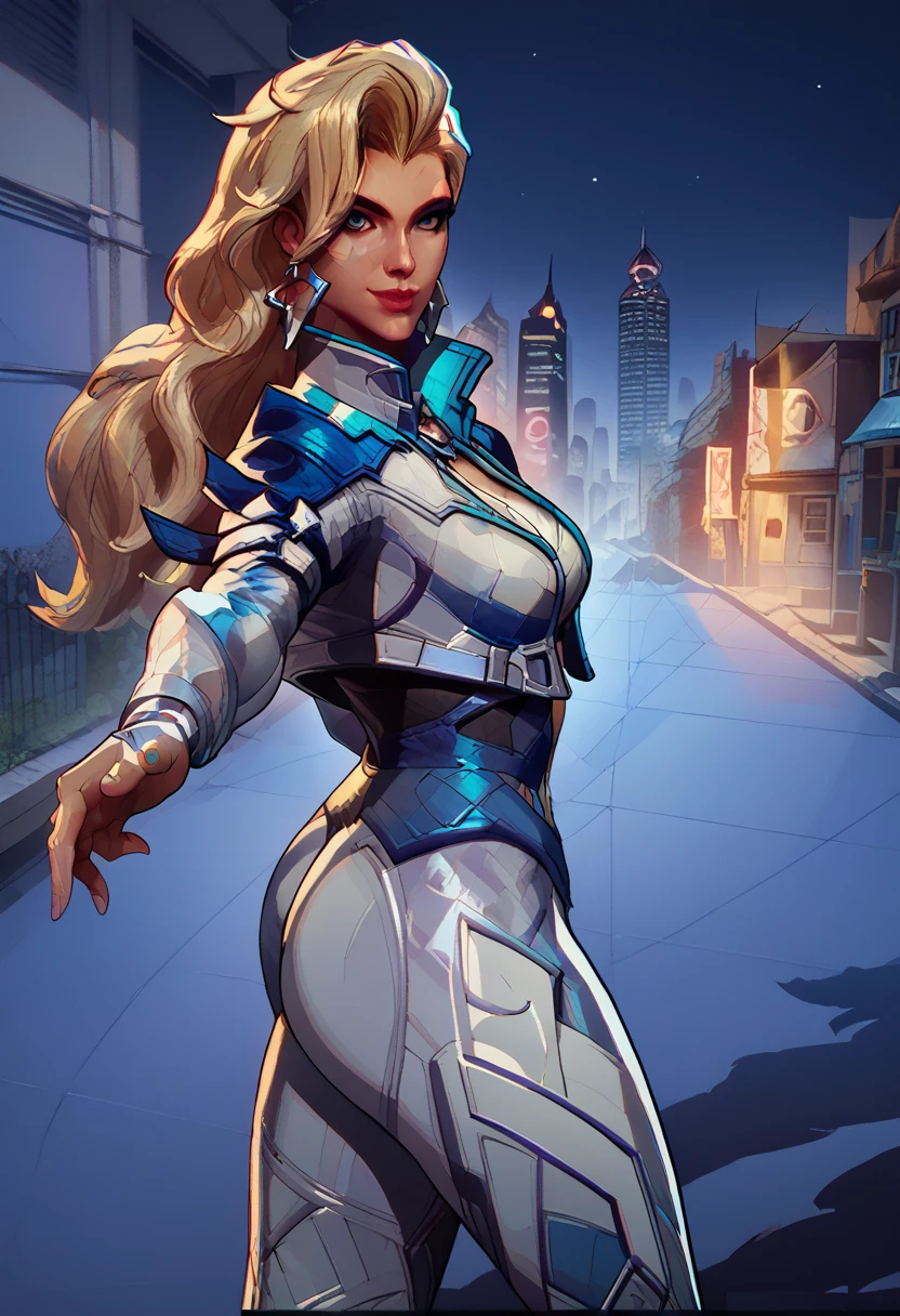 score_9, score_8_up, score_7_up, score_6_up, expressiveh, dagger_rivals, 1girl, solo, blue eyes, blonde hair, long hair, eyeliner, moon mark, earrings, cropped jacket, open jacket, bodysuit, white bodysuit, white clothes, fingerless gloves, blue details, looking at viewer, urban, city, night, alleyway, starry night, detailed background, posing, dynamic angle, dynamic pose, godrays, dynamic light, dramatic light, sexy pose, seductive pose, smile, seductive smile, perfect body, sexy, seductive, looking at viewer, cropped, cowboy shot,
