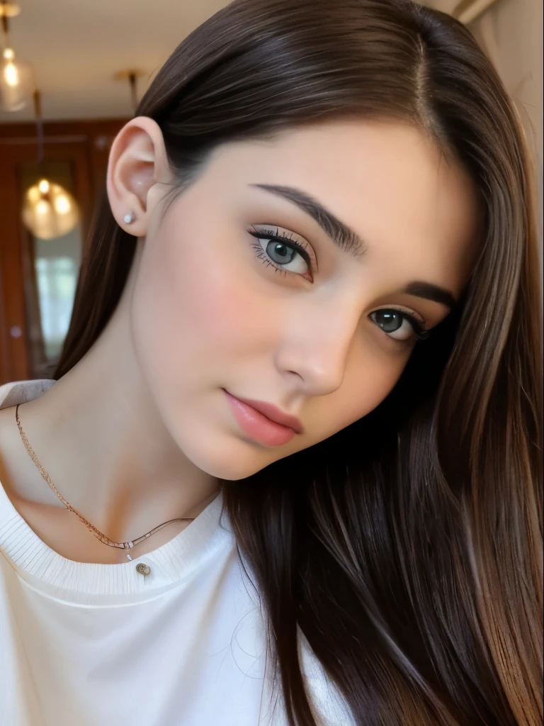 Photo of a 20 year old brunette woman, that has a very natural face, thin lips, thin eyes, thin eyebrows, thin nose, long eyelashes. She makes a cute selfie in a paris