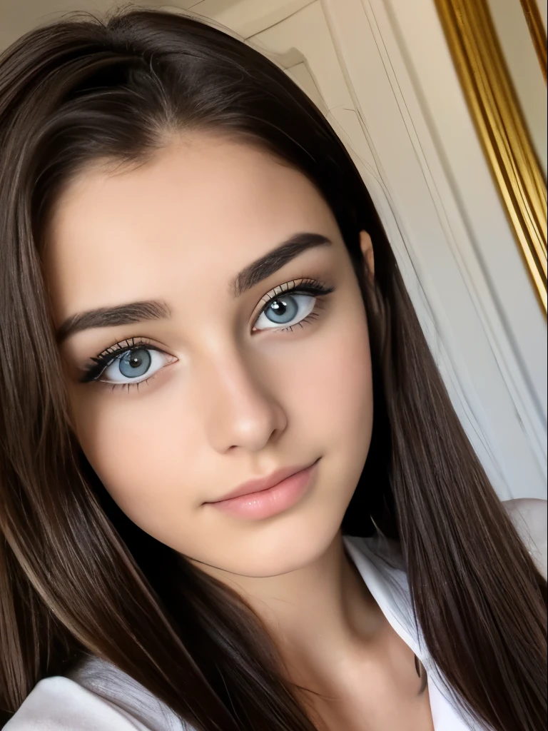 Photo of a 20 year old brunette woman, that has a very natural face, thin lips, thin eyes, thin eyebrows, thin nose, long eyelashes. She makes a cute selfie in a paris