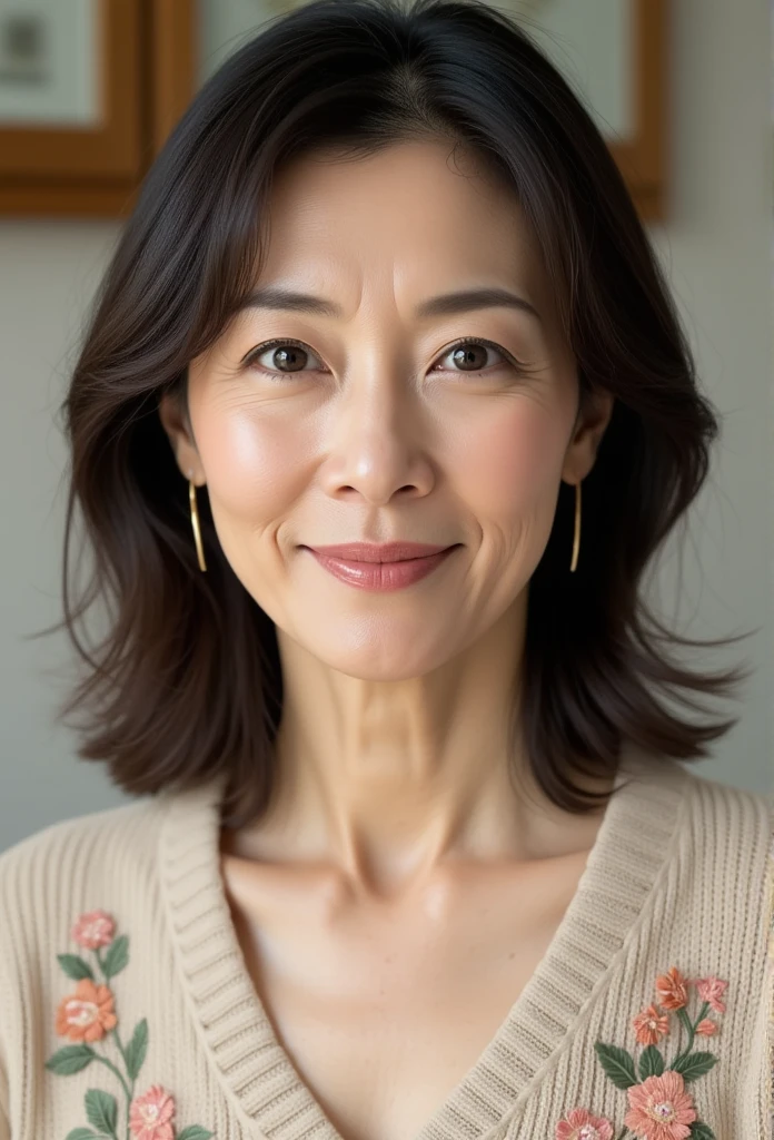 Mature Woman, ( detailed description of hair ), (Detailed description of the face), (Detailed description of the body), high definition , masterpiece,  top quality, ( high detail, formal: 1.4), ( realistic : 1.2, 超 realistic な: 1.1,  realistic: 1.37), ( sharp focus : 1.4),  depth of field,  physically-based rendering ,  sadistic, ((medium hair )) ,  unrivaled beauty , (Ultimate beauty), (48 years old,: 1.4), Japanese、(( close-up :1.5))、 fine lines of laughter :1.2、(beige flower embroidery sweater:1.2)),(( blurry background))、