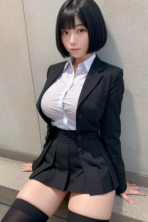 (Top quality, 8K, 32K, Masterpiece, hyper HD: 1.2), 1 girl, beautiful  japanese woman, Thin waist, Shiny skin, Gray suit, Open jacket, Office Lady, suit, Mini skirt, Office, desk, (Spread legs: 1.2), Fine face, Short hair,