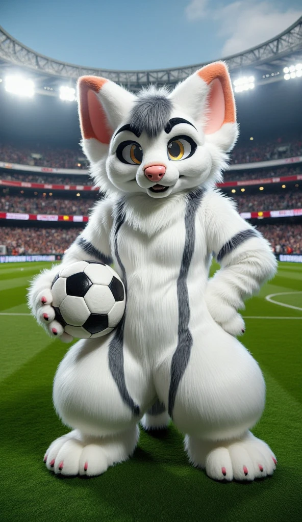 a cute humanoid kitten about  in white with faint gray stripes in a soccer stadium with a ball in his hand