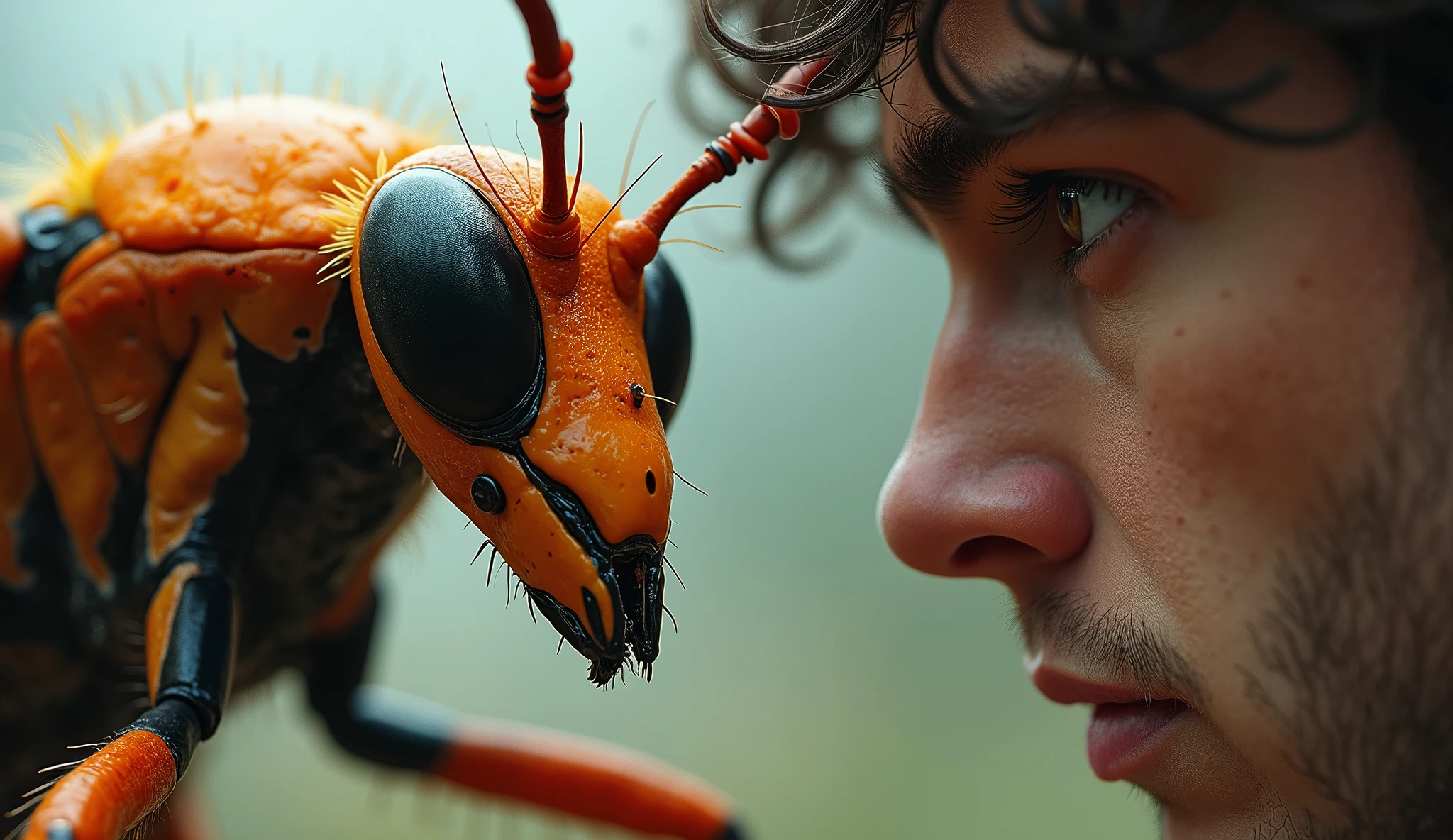 ADAM IN PARADISE LOOKING ATTENTIVELY AT A RED BEETLE, I want him to give a radiant smile