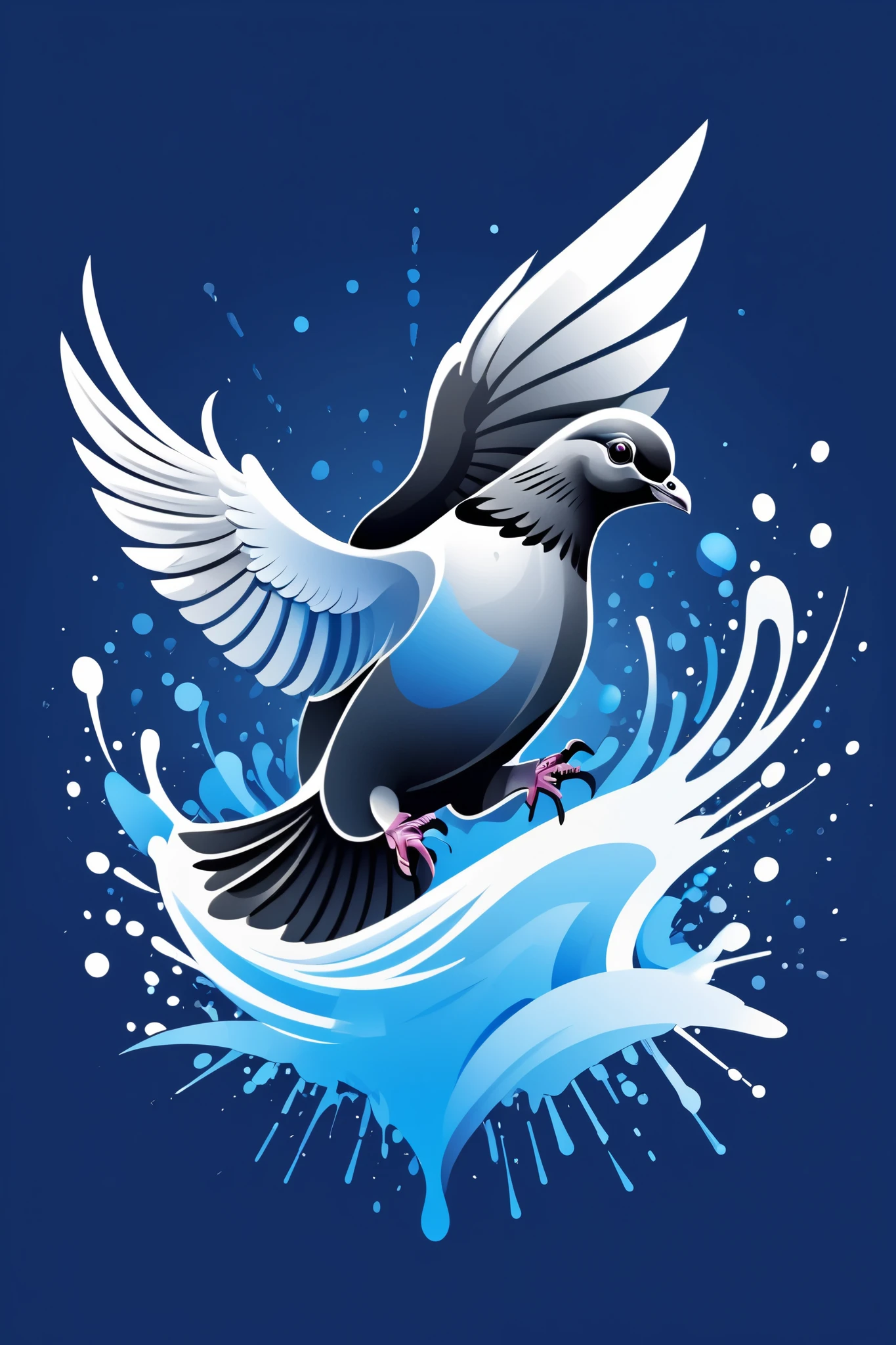 Vector illustration of a pigeon with black and gray gradient, Minimalist logo with detailed and sharp design , Blue alcohol splash style background ,
Incredible flat vector , energetic, The finer details , real, HD, High-quality textured art