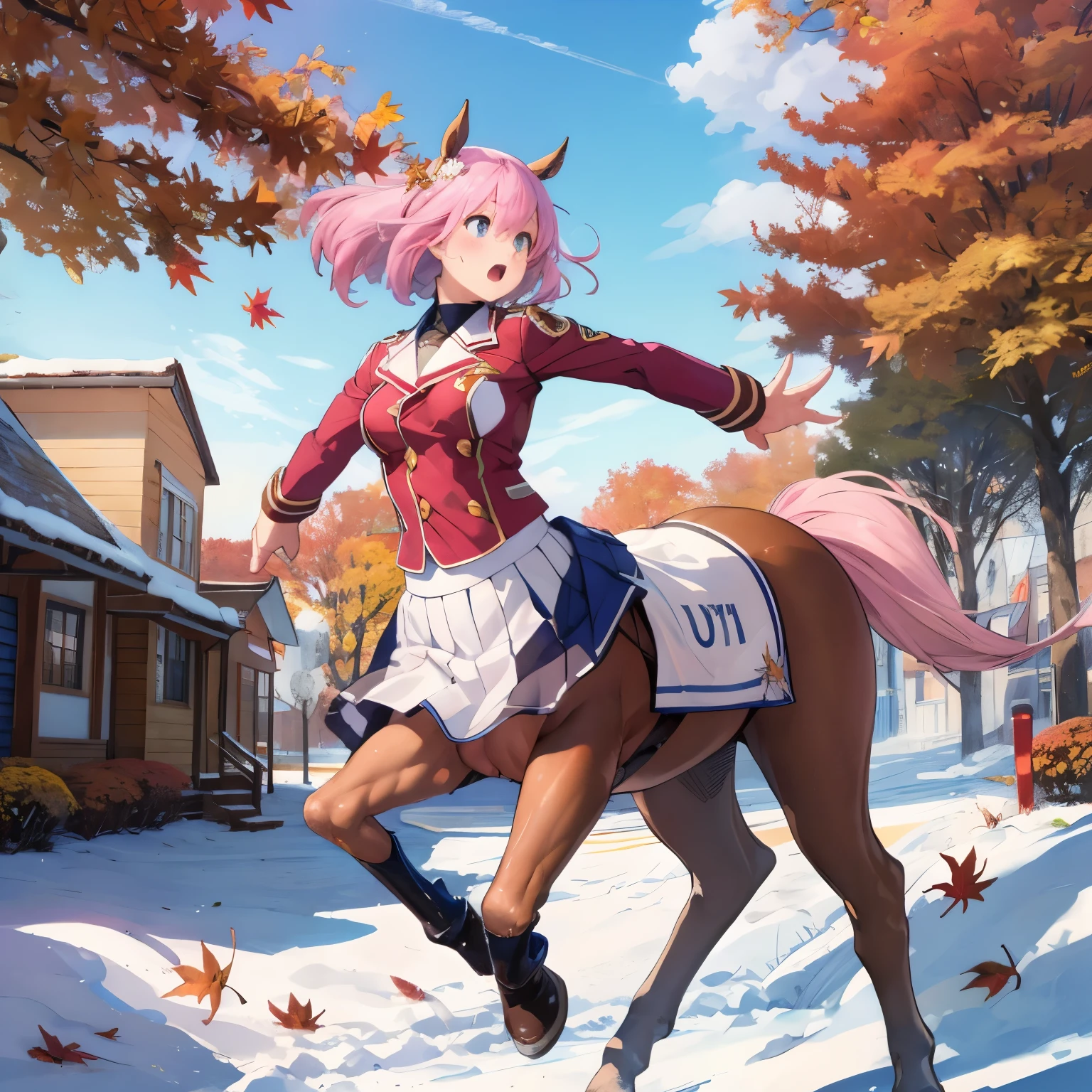  masterpiece  , Ultra-high-definition CG ,  top quality，  The skirt is rolled up in the   ，Centaur， PINK TWIN HAIR    , Winter Uniforms， Brown elementary school student   ，   Running，Town Town  ，Hurry，I was surprised，  Fall Leaves 　Vaginal discharge，
