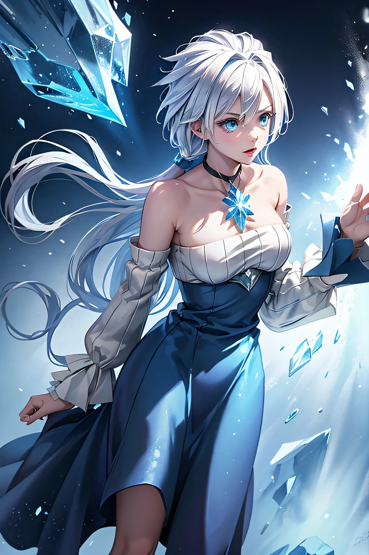 swordswoman, icy armor, icy sword, blizzard, ice magic