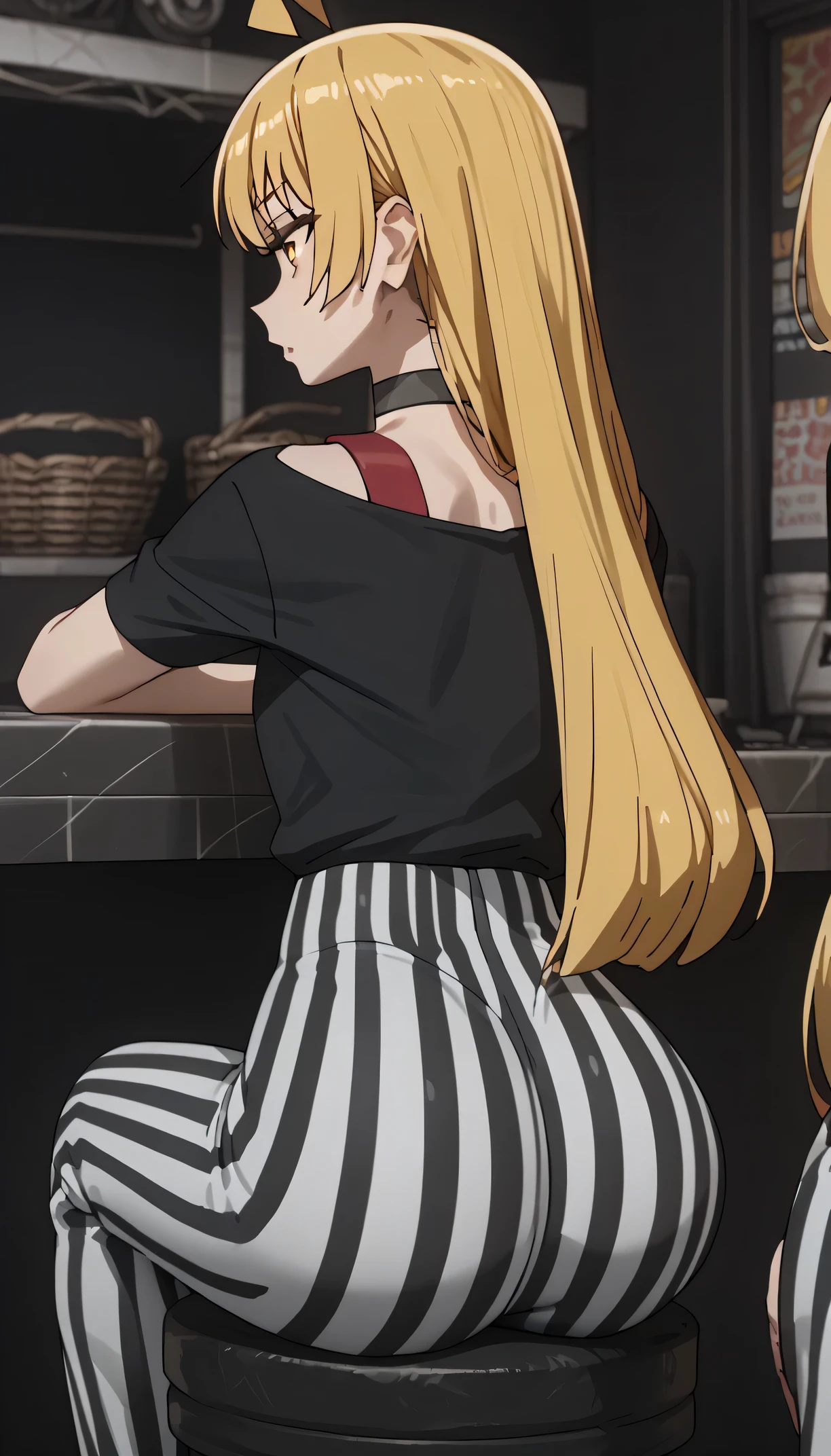 (Seika Ijichi), yellow hair, triangle ahoge, orange eyes, black wide-neck shirt, tight black choker around, anime, black and white striped pants, from behind, sitting, long hair, round ass, ass focus