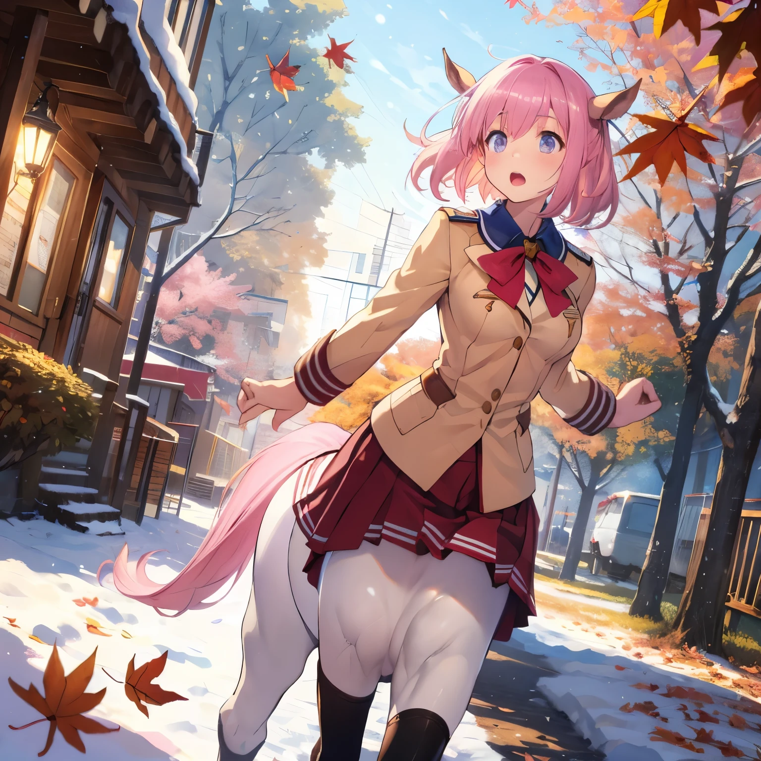  masterpiece  , Ultra-high-definition CG ,  top quality，  The skirt is rolled up in the   ，Centaur， PINK TWIN HAIR    , Winter Uniforms， Brown elementary school student   ，   Running，Town Town  ，Hurry，I was surprised，  Fall Leaves 　Vaginal discharge，
