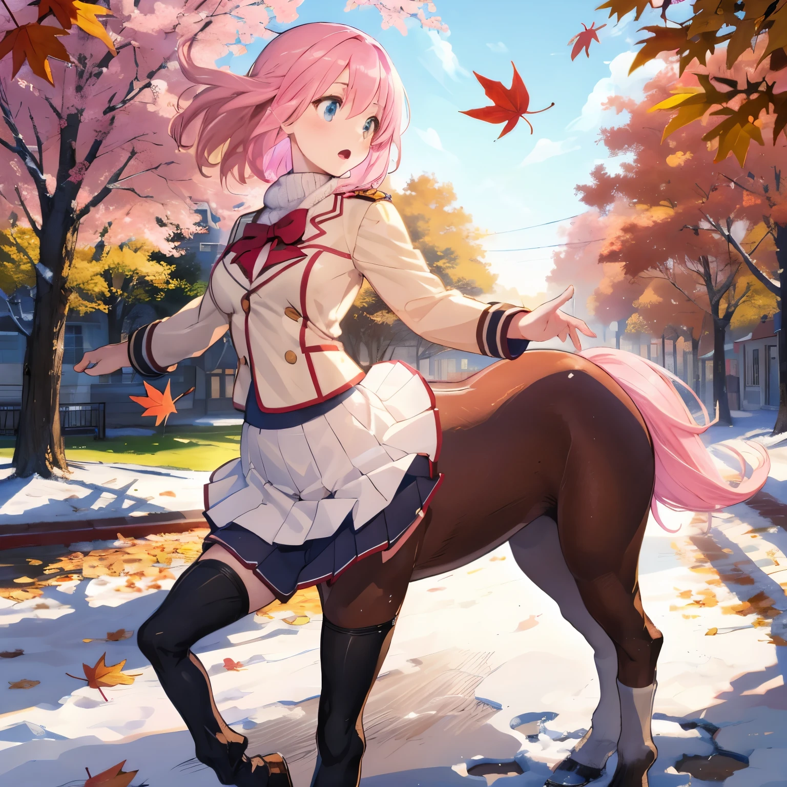  masterpiece  , Ultra-high-definition CG ,  top quality，  The skirt is rolled up in the   ，Centaur， PINK TWIN HAIR    ,winter uniform， Brown elementary school student   ，   Running，Town Town  ，Hurry，I was surprised，  Fall Leaves 　
