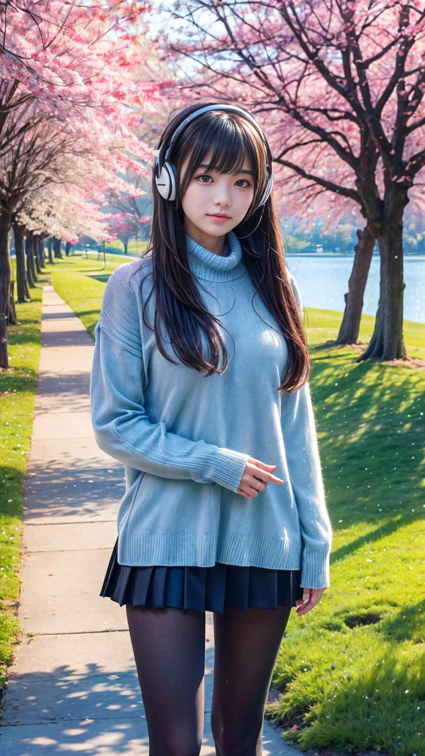  1 girl wearing a long-sleeved sweater to cover her uniform  .  she also wears black tights and wears headphones around her neck. In most cases,  she has bangs partially covering her eyes , small breasts,  blue eyes, Black hair with red lines of hair ,  by the lake by the cherry trees in the park 
